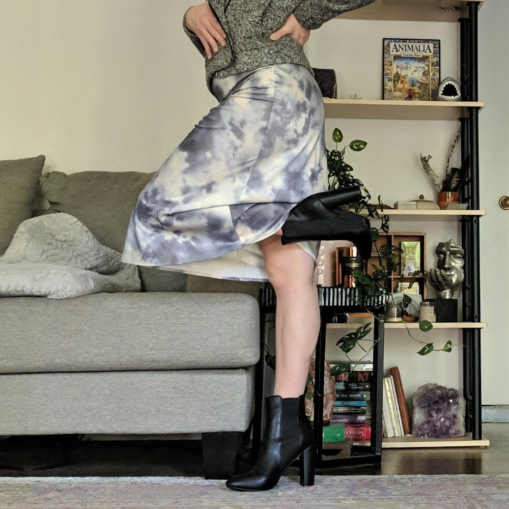 Thick Satin, Marble Tie-Dye Grey & White Slip Skirt - Slinky Sexy Midi Skirt